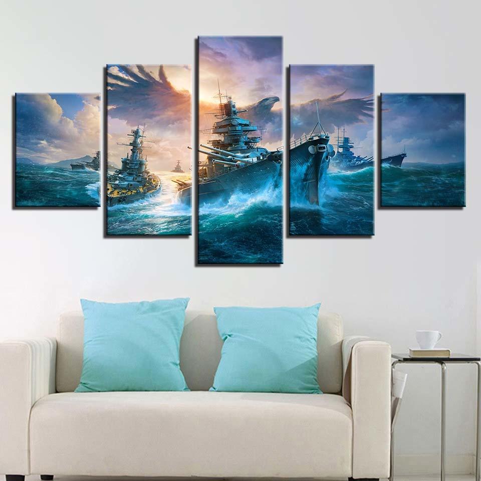 Battleships And Eagle 5 Piece HD Multi Panel Canvas Wall Art Frame - Original Frame