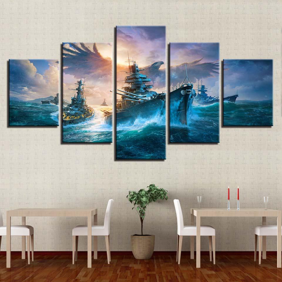 Battleships And Eagle 5 Piece HD Multi Panel Canvas Wall Art Frame - Original Frame