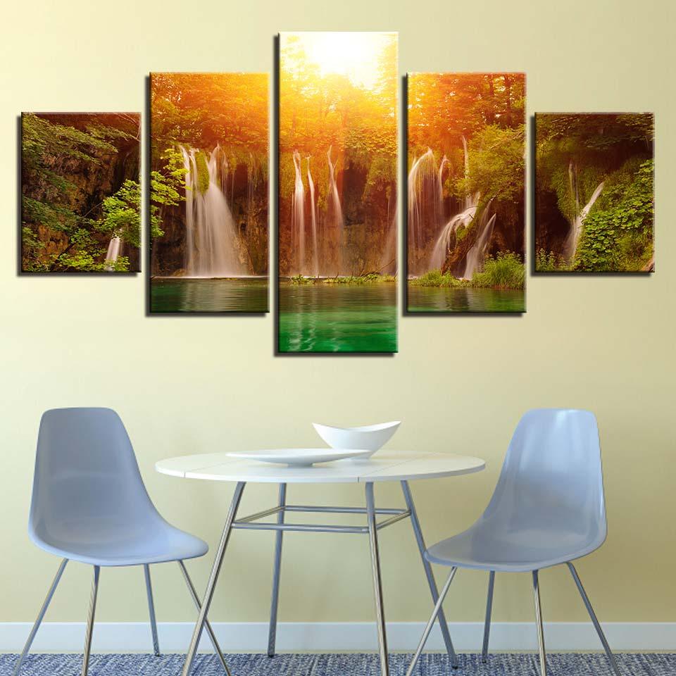 Sunshine Waterfall 5 Piece HD Multi Panel Canvas Wall Art Frame - Original Frame