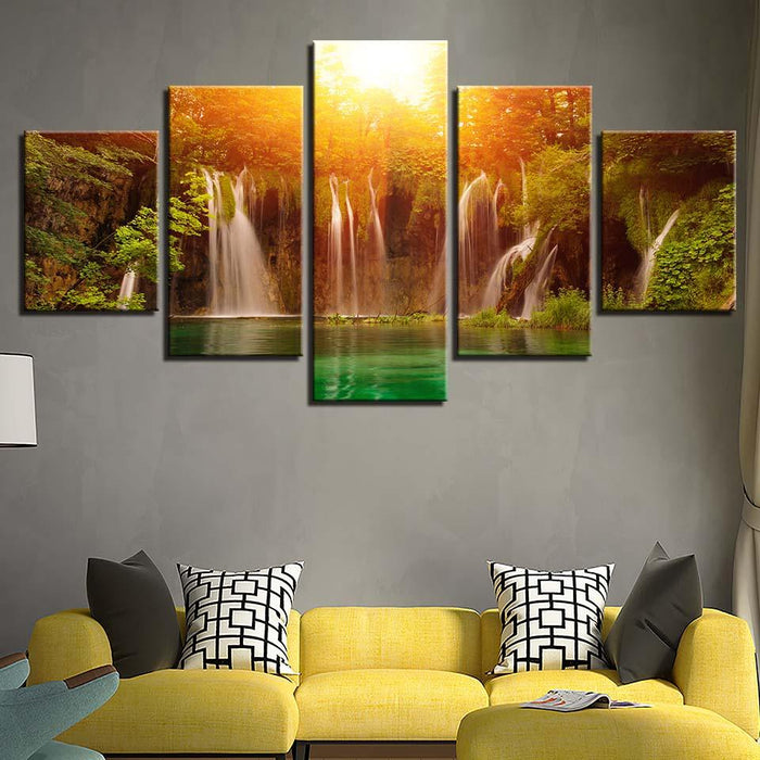 Sunshine Waterfall 5 Piece HD Multi Panel Canvas Wall Art Frame - Original Frame