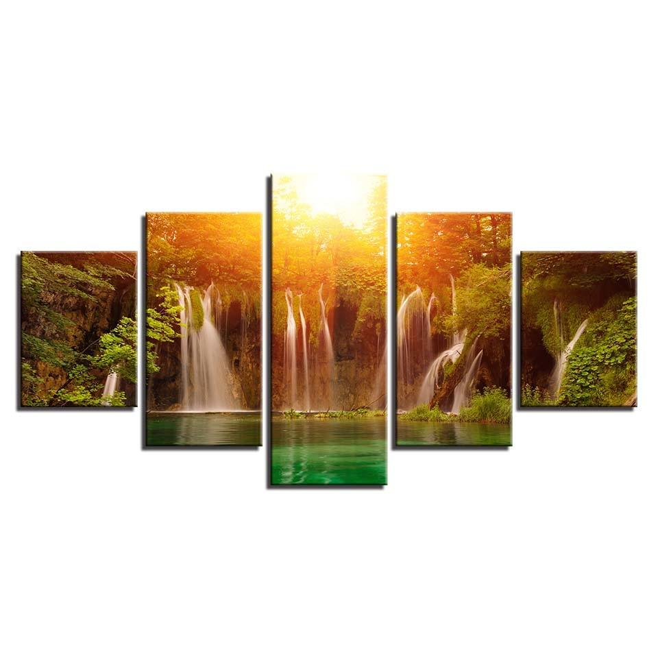 Sunshine Waterfall 5 Piece HD Multi Panel Canvas Wall Art Frame - Original Frame