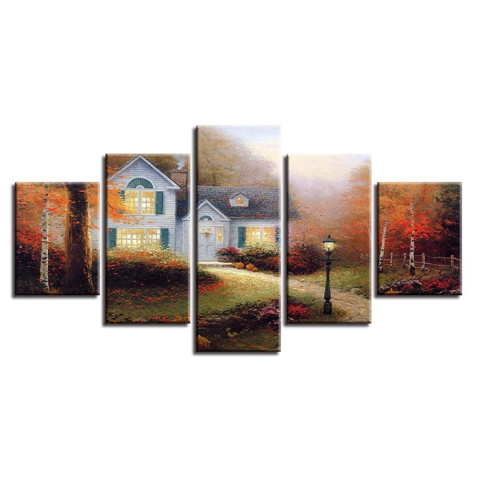 Village Cottage 5 Piece HD Multi Panel Canvas Wall Art Frame - Original Frame