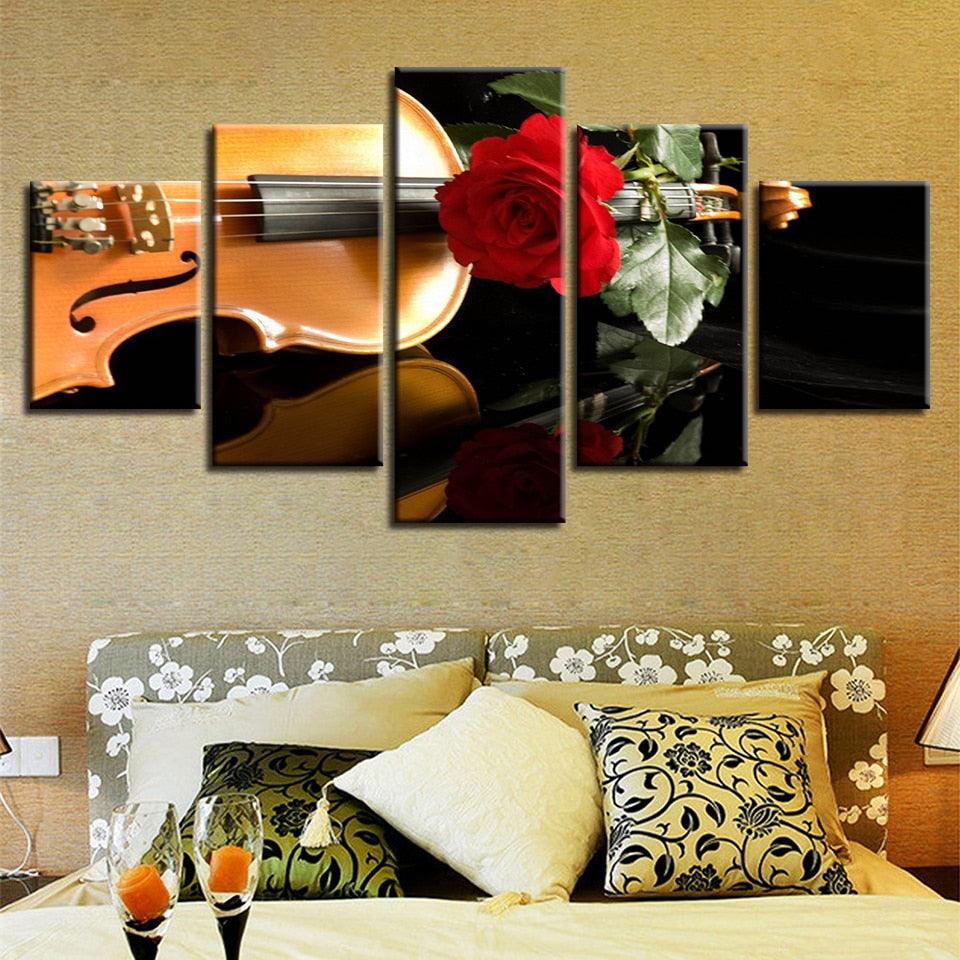 Red Rose And Violin 5 Piece HD Multi Panel Canvas Wall Art Frame - Original Frame