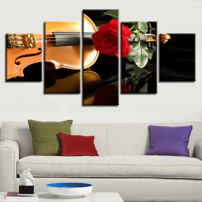 Red Rose And Violin 5 Piece HD Multi Panel Canvas Wall Art Frame