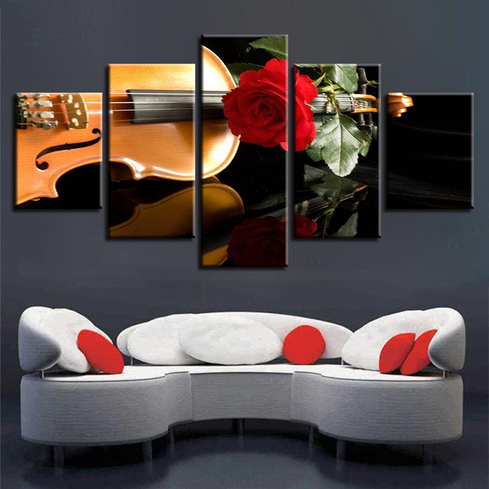 Red Rose And Violin 5 Piece HD Multi Panel Canvas Wall Art Frame - Original Frame