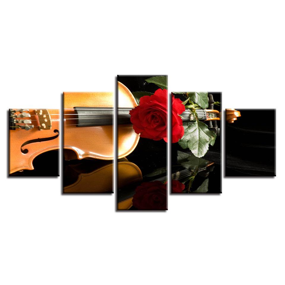 Red Rose And Violin 5 Piece HD Multi Panel Canvas Wall Art Frame - Original Frame