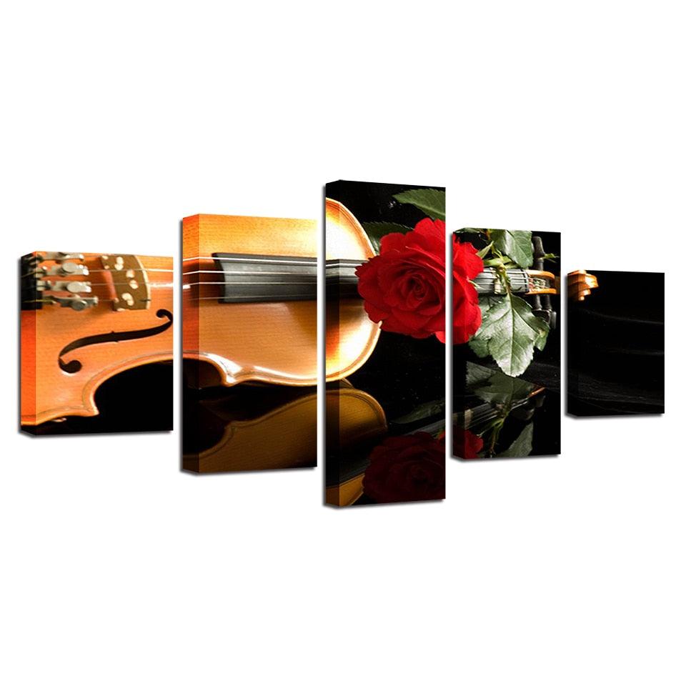 Red Rose And Violin 5 Piece HD Multi Panel Canvas Wall Art Frame - Original Frame