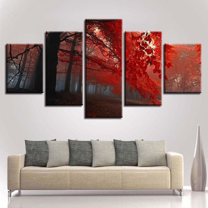 Red Forest Trees 5 Piece HD Multi Panel Canvas Wall Art Frame - Original Frame