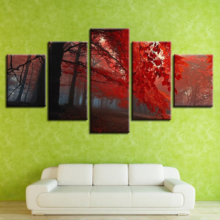 Red Forest Trees 5 Piece HD Multi Panel Canvas Wall Art Frame - Original Frame