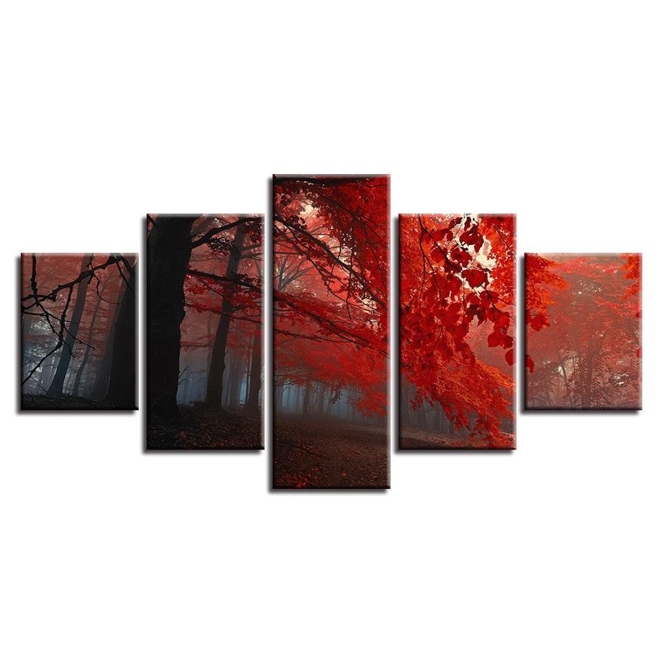 Red Forest Trees 5 Piece HD Multi Panel Canvas Wall Art Frame - Original Frame