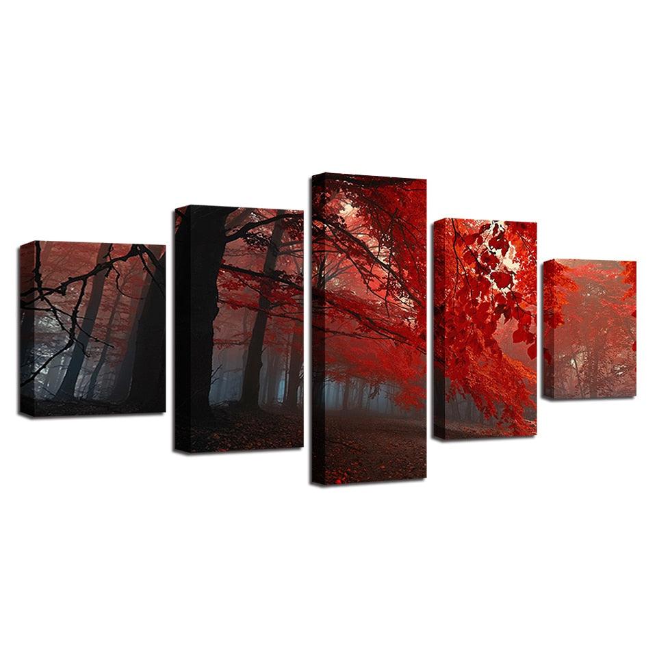 Red Forest Trees 5 Piece HD Multi Panel Canvas Wall Art Frame - Original Frame