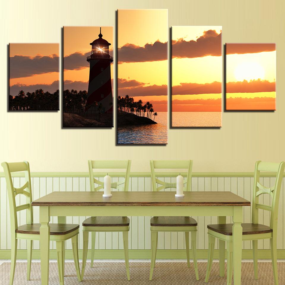 Lighthouse Sunset 5 Piece HD Multi Panel Canvas Wall Art Frame - Original Frame