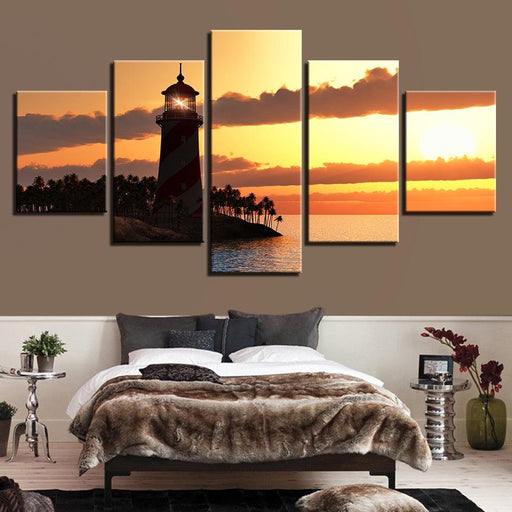 Lighthouse Sunset 5 Piece HD Multi Panel Canvas Wall Art Frame - Original Frame