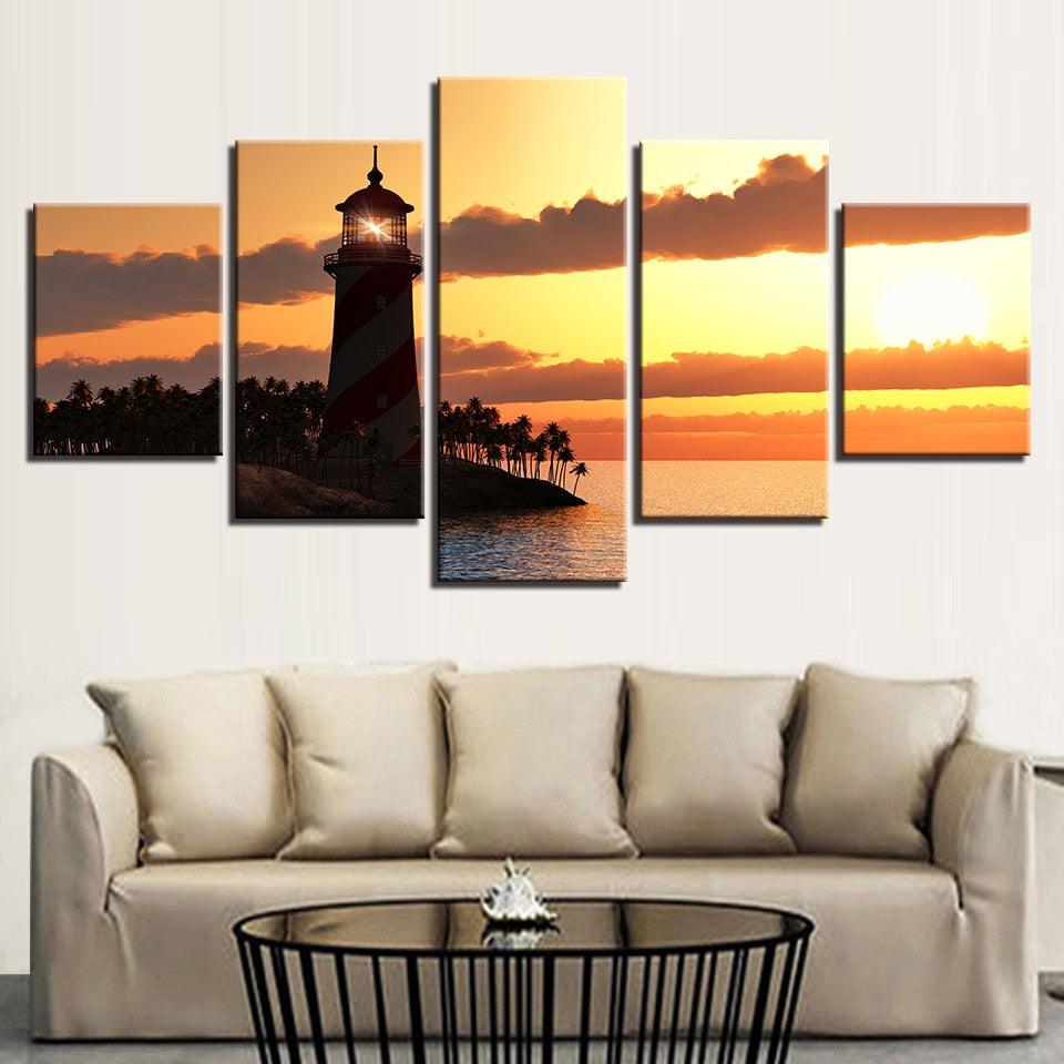 Lighthouse Sunset 5 Piece HD Multi Panel Canvas Wall Art Frame - Original Frame