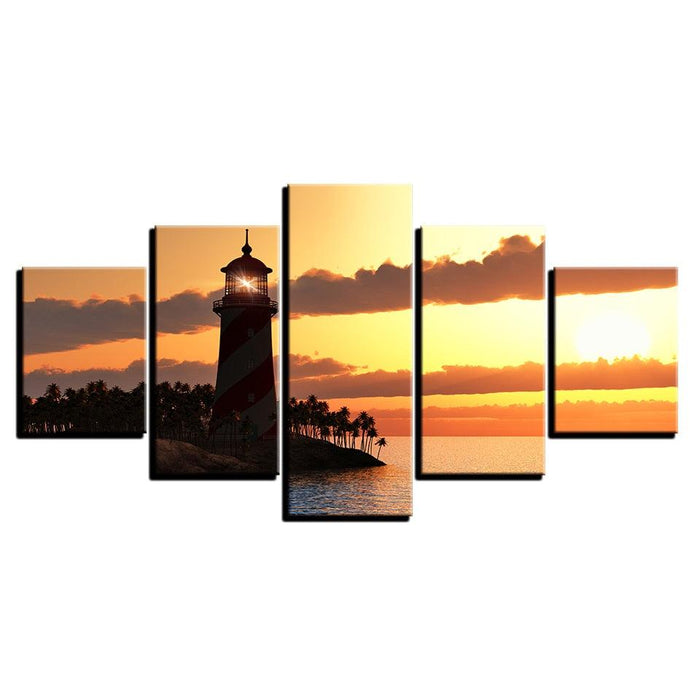 Lighthouse Sunset 5 Piece HD Multi Panel Canvas Wall Art Frame - Original Frame