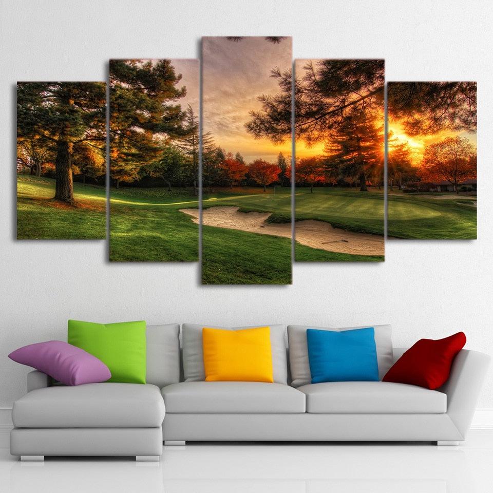 Golf Course Sunrise 5 Piece HD Multi Panel Canvas Wall Art Frame - Original Frame