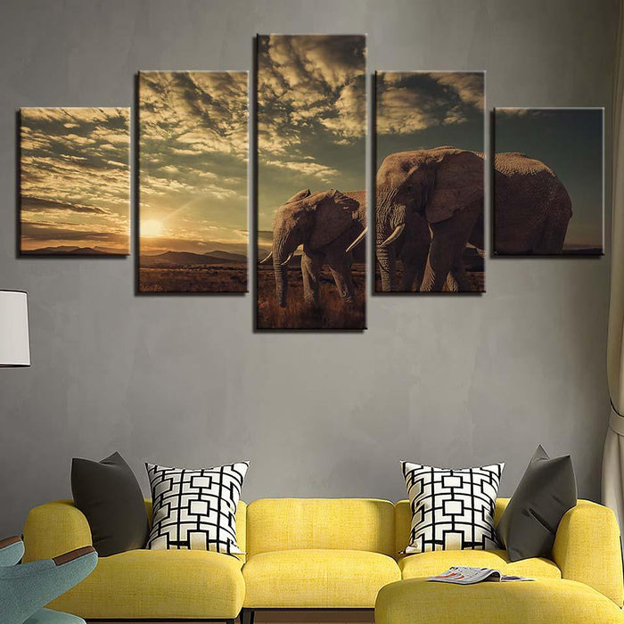 Elephant Couples 5 Piece HD Multi Panel Canvas Wall Art Frame - Original Frame