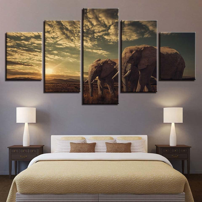 Elephant Couples 5 Piece HD Multi Panel Canvas Wall Art Frame - Original Frame