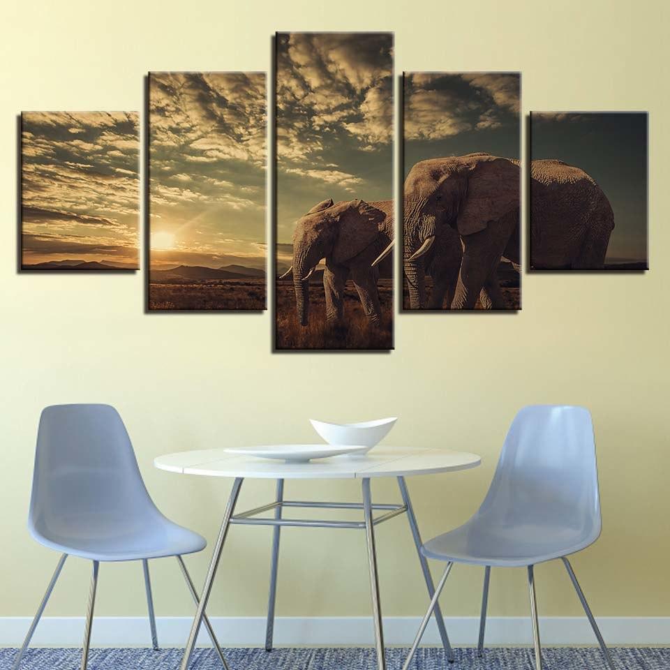 Elephant Couples 5 Piece HD Multi Panel Canvas Wall Art Frame - Original Frame