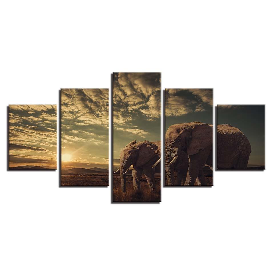 Elephant Couples 5 Piece HD Multi Panel Canvas Wall Art Frame - Original Frame