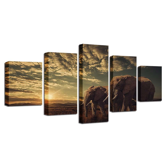 Elephant Couples 5 Piece HD Multi Panel Canvas Wall Art Frame - Original Frame