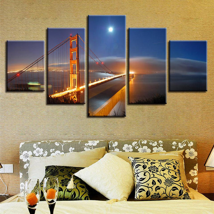 Golden Gate Bridge 5 Piece HD Multi Panel Canvas Wall Art Frame - Original Frame