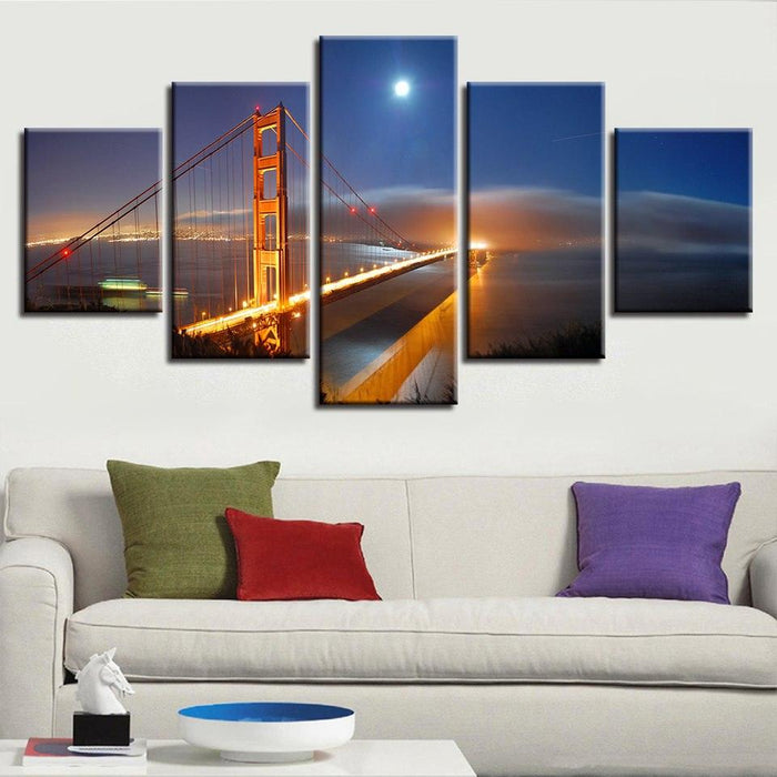 Golden Gate Bridge 5 Piece HD Multi Panel Canvas Wall Art Frame - Original Frame