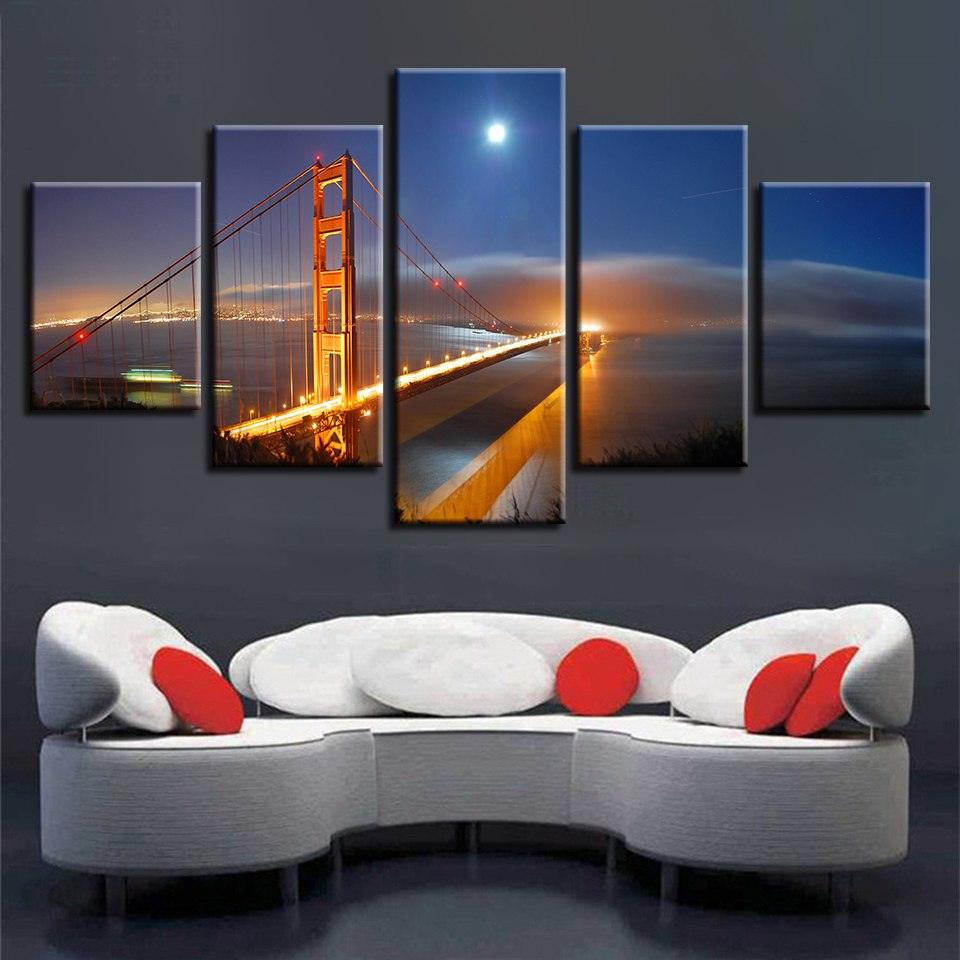 Golden Gate Bridge 5 Piece HD Multi Panel Canvas Wall Art Frame - Original Frame