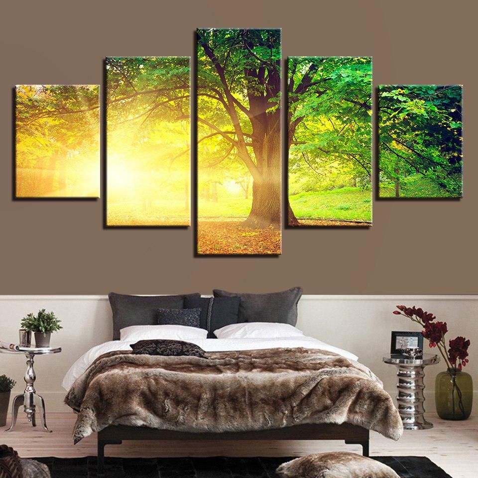 Sunlit Tree 5 Piece HD Multi Panel Canvas Wall Art Frame - Original Frame