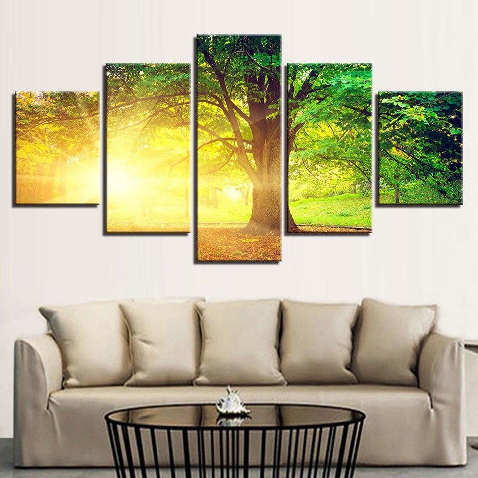 Sunlit Tree 5 Piece HD Multi Panel Canvas Wall Art Frame - Original Frame