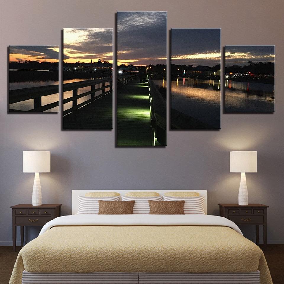 Night View Of Beach 5 Piece HD Multi Panel Canvas Wall Art Frame - Original Frame