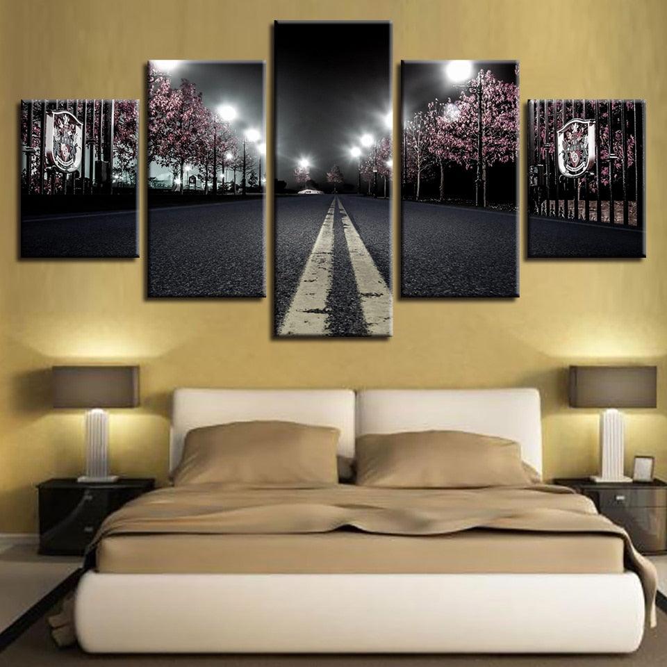 Cherry Blossoms Street Nightscape 5 Piece HD Multi Panel Canvas Wall Art Frame - Original Frame