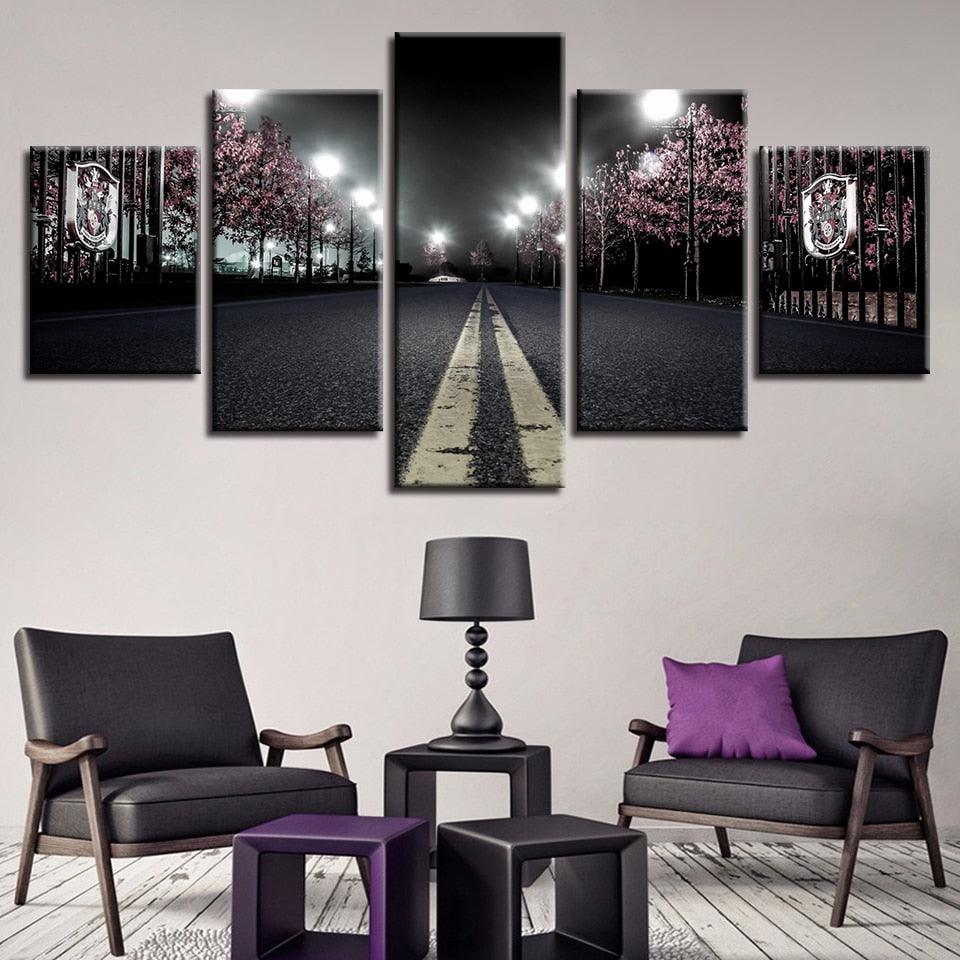 Cherry Blossoms Street Nightscape 5 Piece HD Multi Panel Canvas Wall Art Frame - Original Frame