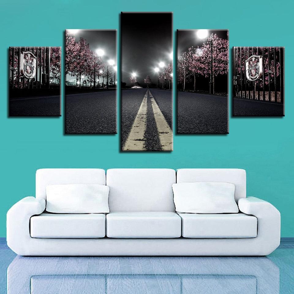 Cherry Blossoms Street Nightscape 5 Piece HD Multi Panel Canvas Wall Art Frame - Original Frame