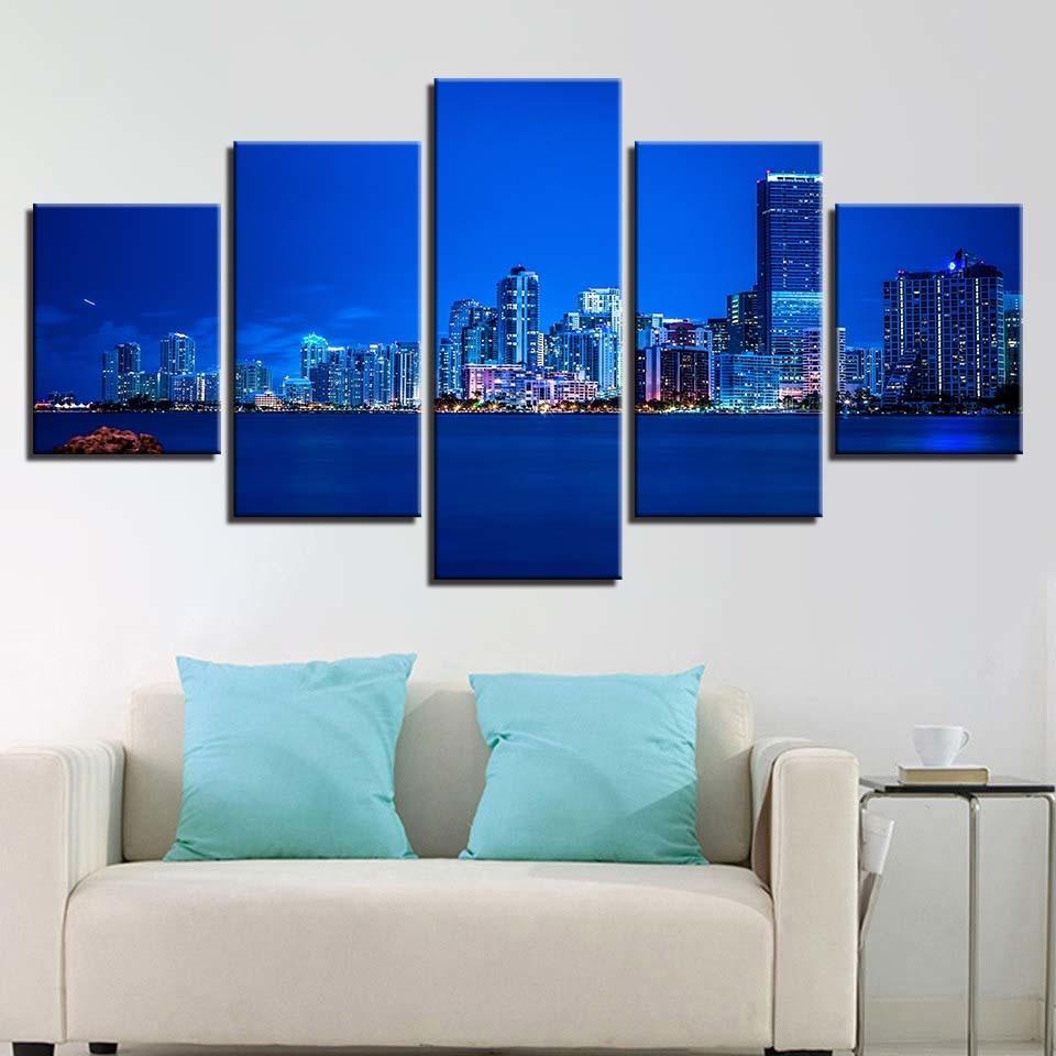 Blue City-lights 5 Piece HD Multi Panel Canvas Wall Art Frame - Original Frame