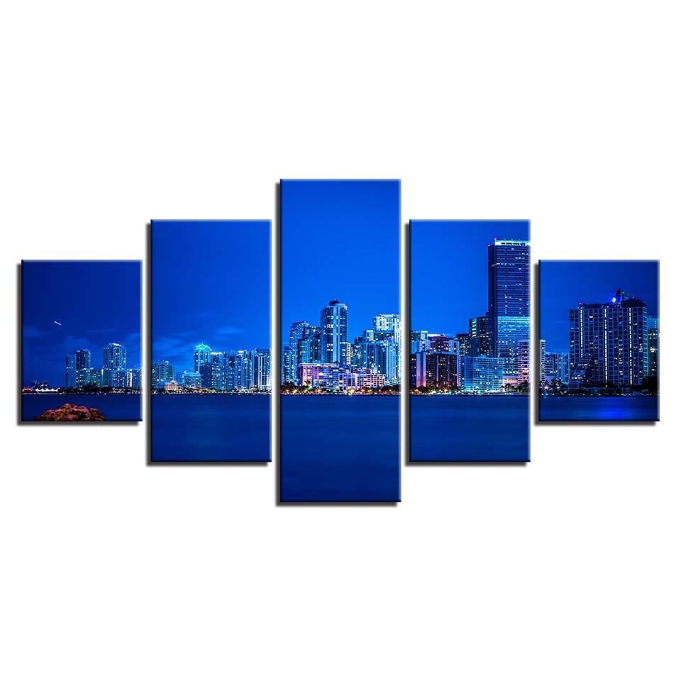 Blue City-lights 5 Piece HD Multi Panel Canvas Wall Art Frame - Original Frame