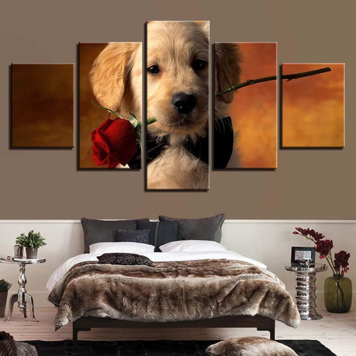 Cute Puppy with Rose 5 Piece HD Multi Panel Canvas Wall Art Frame