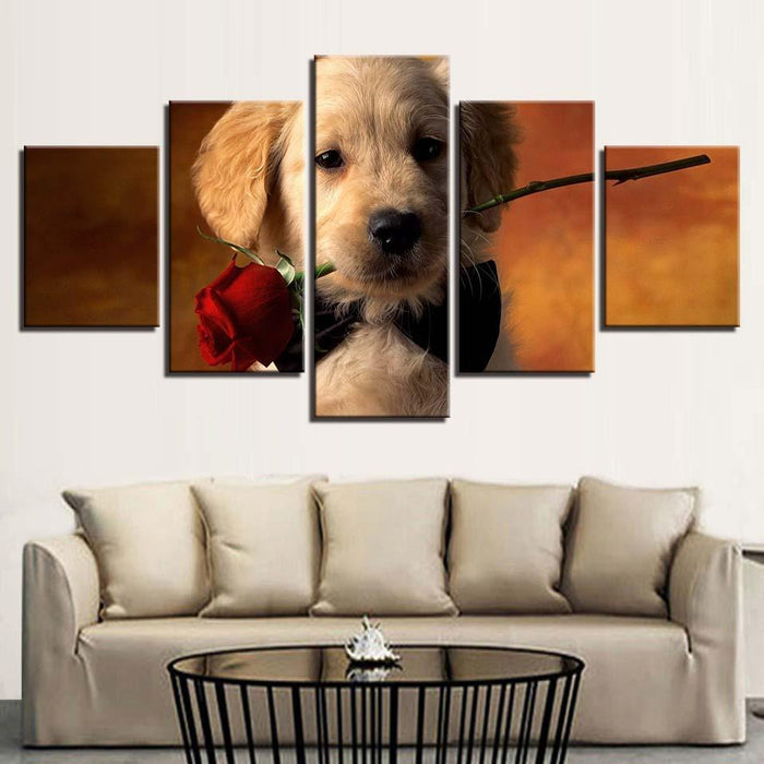 Cute Puppy with Rose 5 Piece HD Multi Panel Canvas Wall Art Frame