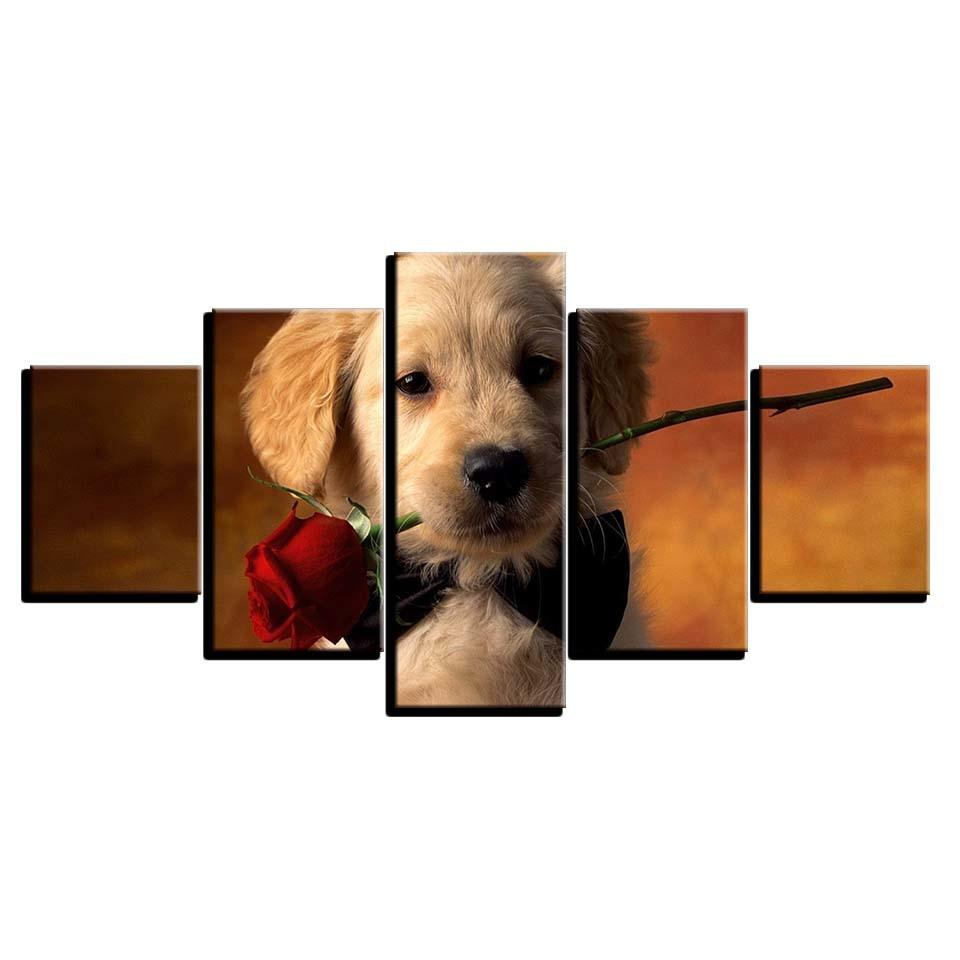 Puppy With Rose 5 Piece HD Multi Panel Canvas Wall Art Frame - Original Frame