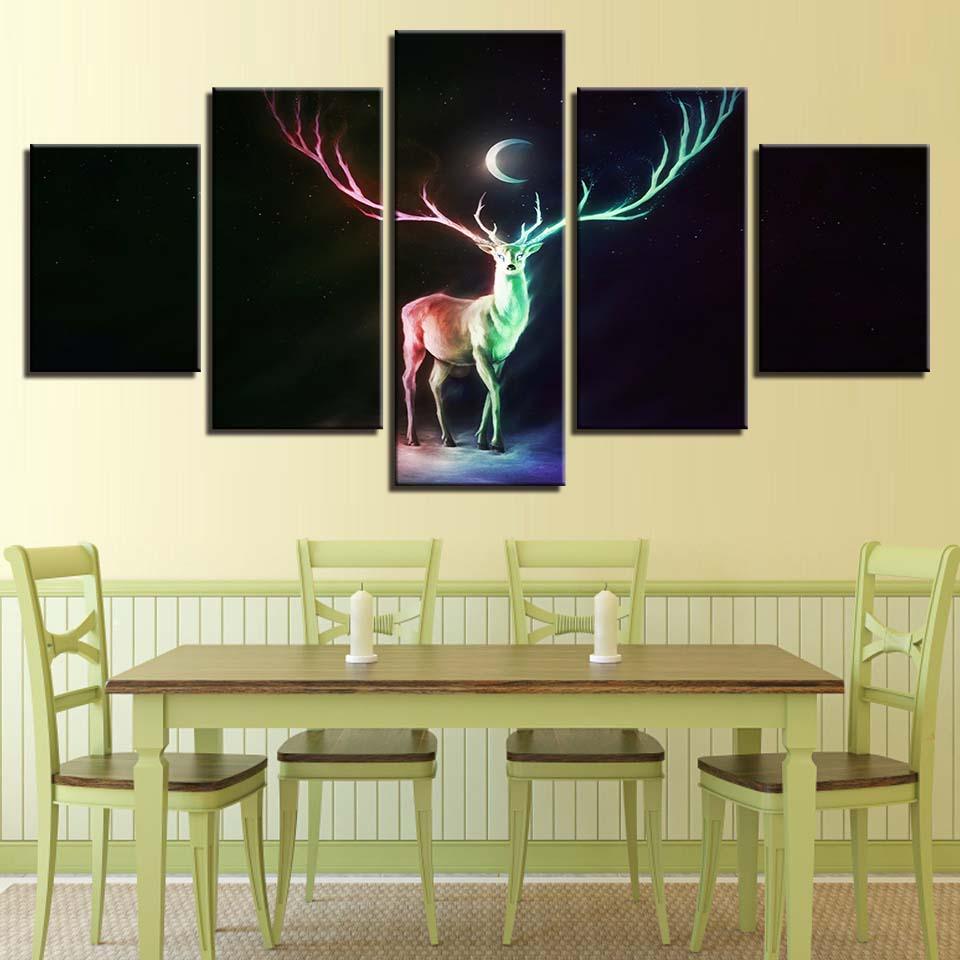 Abstract Deer And Moon Night 5 Piece HD Multi Panel Canvas Wall Art Frame - Original Frame