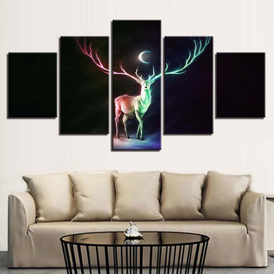 Abstract Deer And Moon Night 5 Piece HD Multi Panel Canvas Wall Art Frame - Original Frame