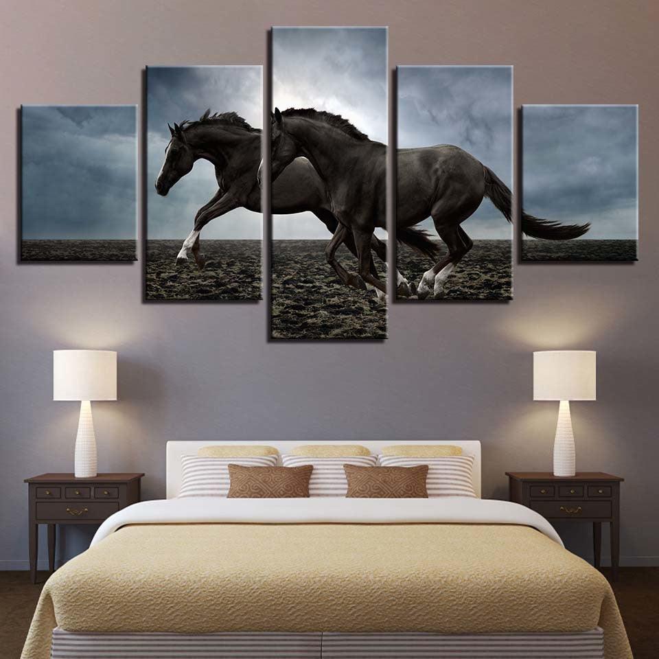 Two Horses Running 5 Piece HD Multi Panel Canvas Wall Art Frame - Original Frame