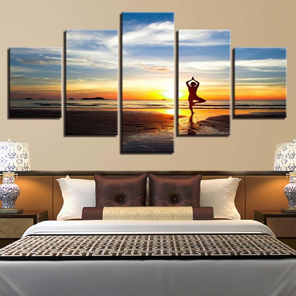 Women Yoga Sunset Scenery 5 Piece HD Multi Panel Canvas Wall Art Frame - Original Frame