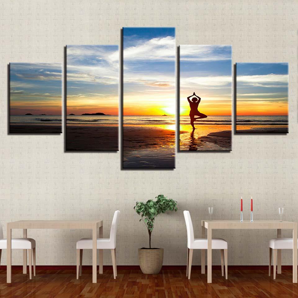 Women Yoga Sunset Scenery 5 Piece HD Multi Panel Canvas Wall Art Frame - Original Frame