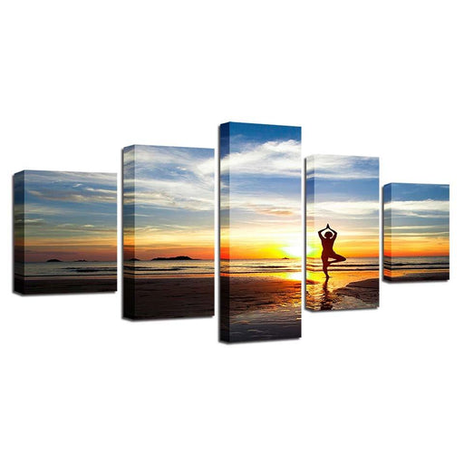 Women Yoga Sunset Scenery 5 Piece HD Multi Panel Canvas Wall Art Frame - Original Frame