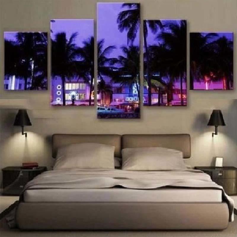Purple Trees Nightscape 5 Piece HD Multi Panel Canvas Wall Art - Original Frame