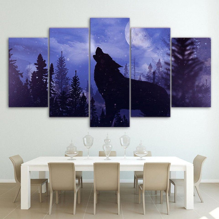 Wolf Howling 5 Piece HD Multi Panel Canvas Wall Art Frame - Original Frame