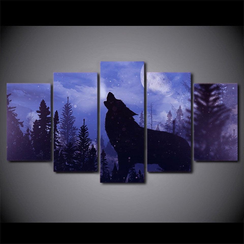 Wolf Howling 5 Piece HD Multi Panel Canvas Wall Art Frame - Original Frame