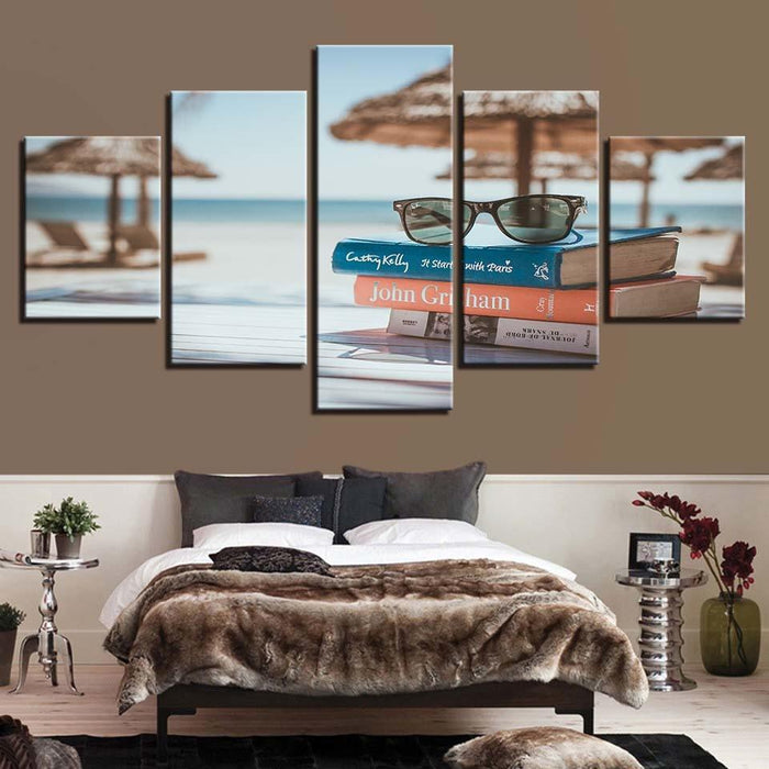 Glasses And Books By The Sea 5 Piece HD Multi Panel Canvas Wall Art Frame - Original Frame