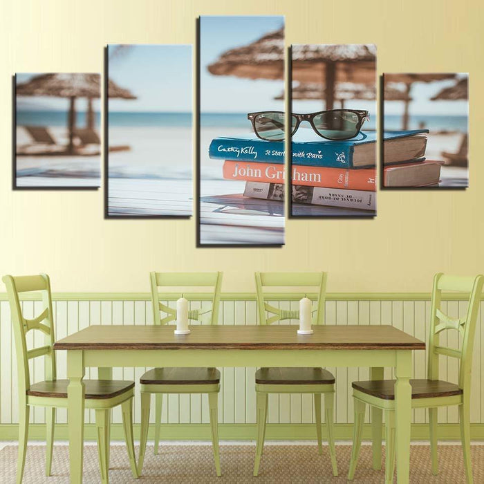 Glasses And Books By The Sea 5 Piece HD Multi Panel Canvas Wall Art Frame - Original Frame